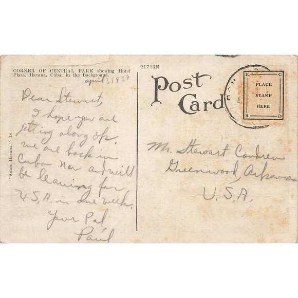 Postcard Corner of Central Park, Havana Cuba White Border Posted 1917-1929 - Picture 2 of 2
